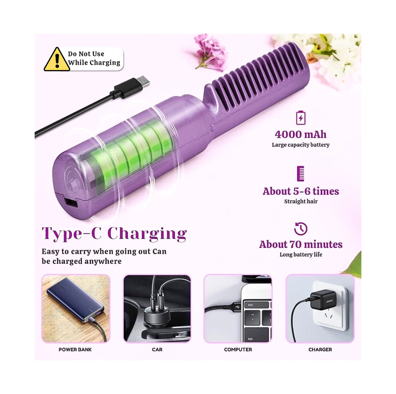 Cordless Mini Hair Straightener – Rechargeable Portable Hot Comb